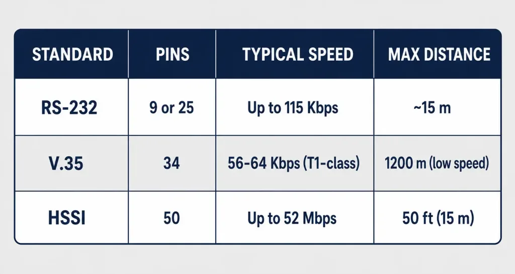 Serial Communication: Rs-232, V.35, And Hssi Explained 6 Comparison Table Of Rs-232, V.35, And Hssi Serial Standards