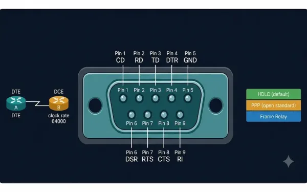 Serial Port Reference Diagram Showing A Db-9 Connector With Labeled Pins, A Back-To-Back Serial Cable Connecting Two Routers With Dce And Dte Labels And Clock Rate Annotation, And A Three-Row Encapsulation Reference Showing Hdlc, Ppp, And Frame Relay