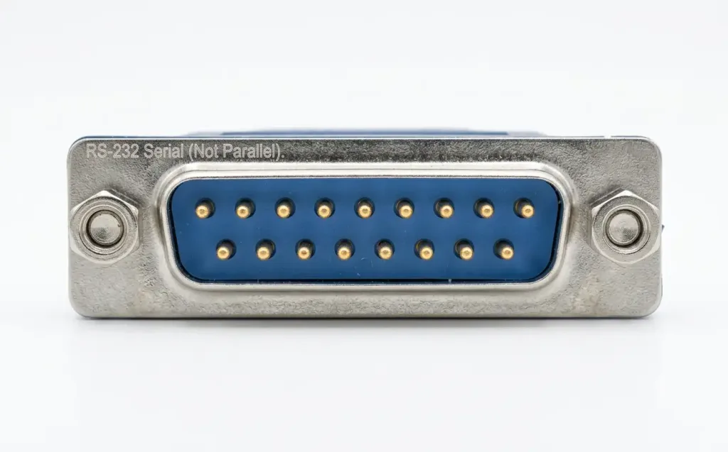 Serial Port: How Serial Interfaces Work In Networking 3 Male Db-25 Serial Connector Showing 25 Pins In Two Rows With D-Shaped Silver Housing, Labeled Rs-232 Serial — Not To Be Confused With The Parallel Port Db-25