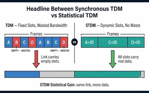 Side-By-Side Comparison Of Tdm And Stdm Showing A Fixed-Length Tdm Frame With Empty Wasted Slots Versus A Dynamic Stdm Frame With Variable-Length Active Slots Carrying Channel Identifiers, With A Link Utilization Bar Showing Stdm Achieving Higher Efficiency