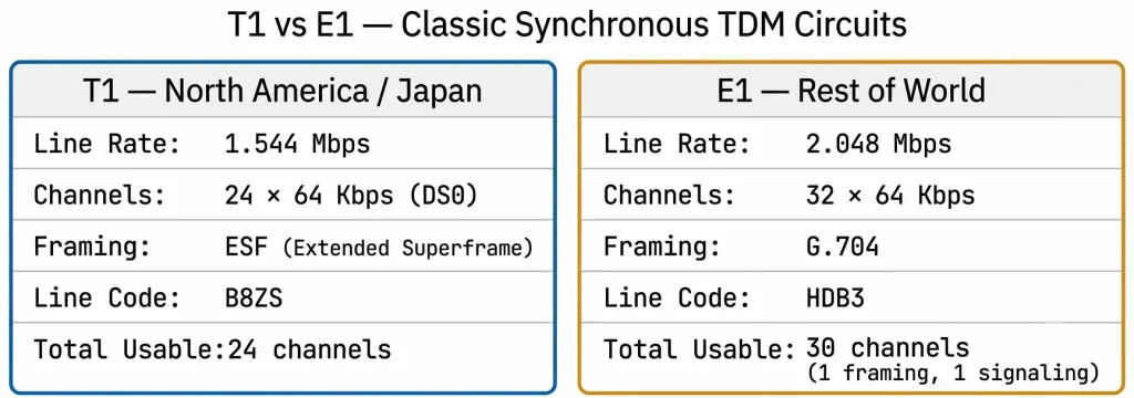 Time Division Multiplexing (Tdm): Complete Guide 2 Time Division Multiplexing: T1 Versus E1 Comparison Showing T1 At 1.544 Mbps With 24 Channels Using Esf Framing And B8Zs Line Code, Versus E1 At 2.048 Mbps With 32 Channels Using G.704 Framing And Hdb3 Line Code, With 30 Usable Channels On E1