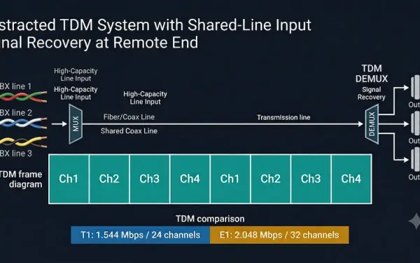 Tdm Frame Diagram Showing Three Phone Signals Combined By A Multiplexer Into Fixed Repeating Time Slots On A Single Shared Line And Split Back Out By A Demultiplexer, With T1 At 1.544 Mbps 24 Channels And E1 At 2.048 Mbps 32 Channels Comparison
