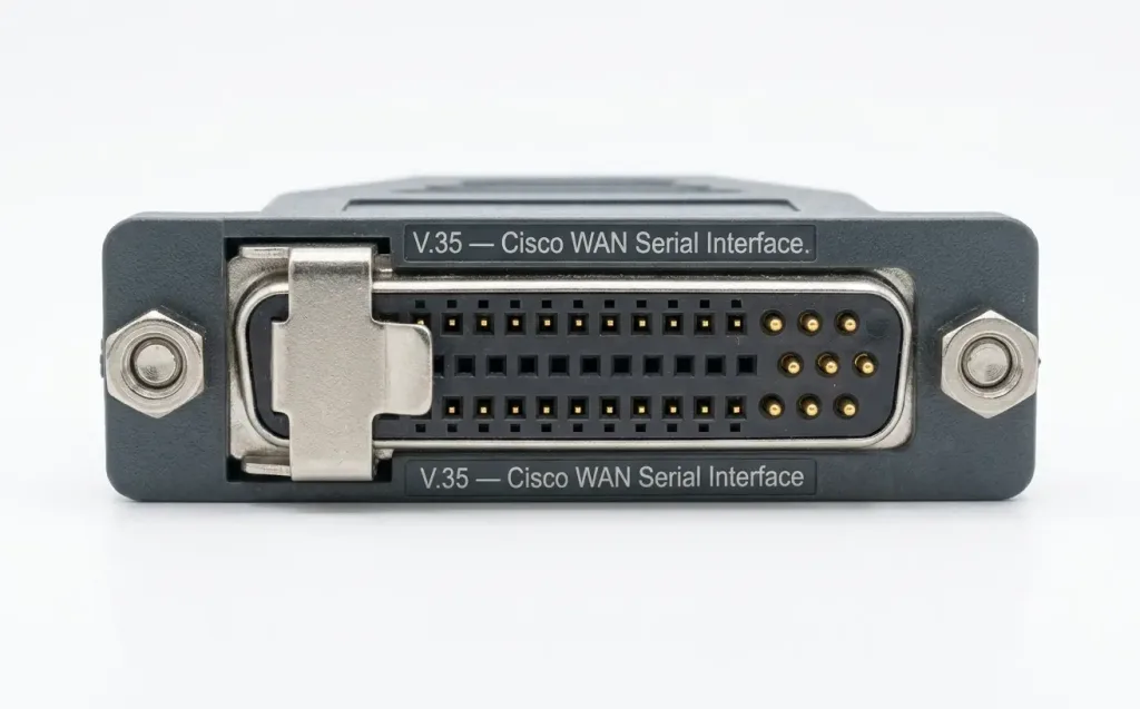 Serial Port: How Serial Interfaces Work In Networking 4 V.35 Serial Wan Connector Showing Large Rectangular Housing With Square Data Pins And Round Clocking Pins, Used For Cisco Router Wan Connections To Csu/Dsu Equipment