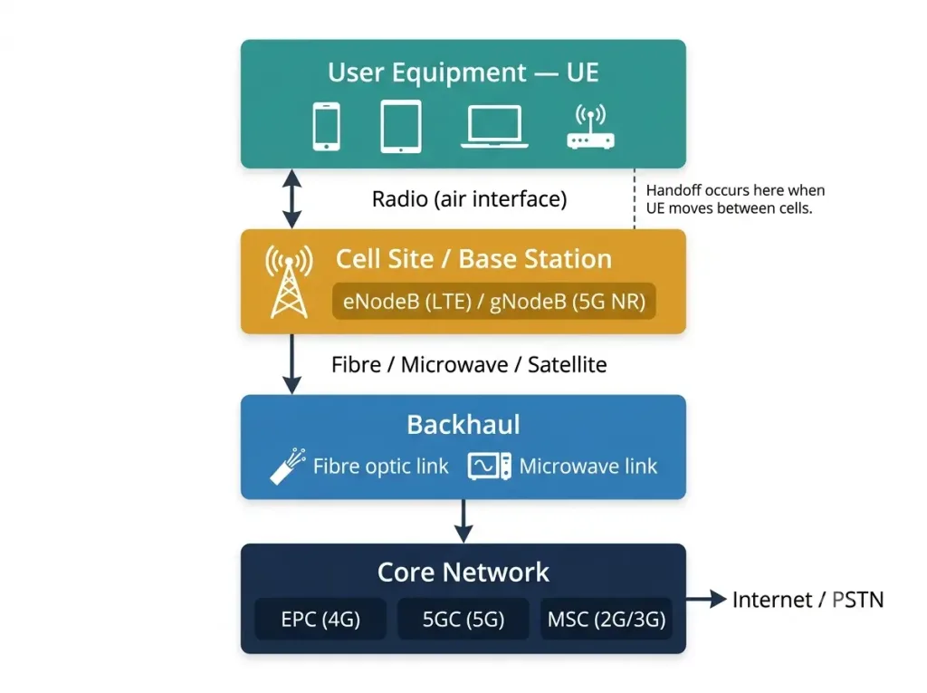 Cellular Network: How Cellular Wan Technology Works 2 Cellular Network Architecture Diagram Showing Four Layers From User Equipment At The Top Through Cell Site Base Station And Backhaul To The Core Network At The Bottom, With Labels For Enodeb, Gnodeb, Epc, 5Gc, And Connection Types Including Radio Air Interface, Fibre Backhaul, And Handoff Annotation