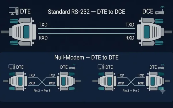 Comparison Diagram Showing A Standard Rs-232 Cable Connecting A Dte To A Dce With Straight Parallel Transmit And Receive Lines, Versus A Null-Modem Cable Connecting Two Dtes Directly With Crossed Transmit And Receive Lines