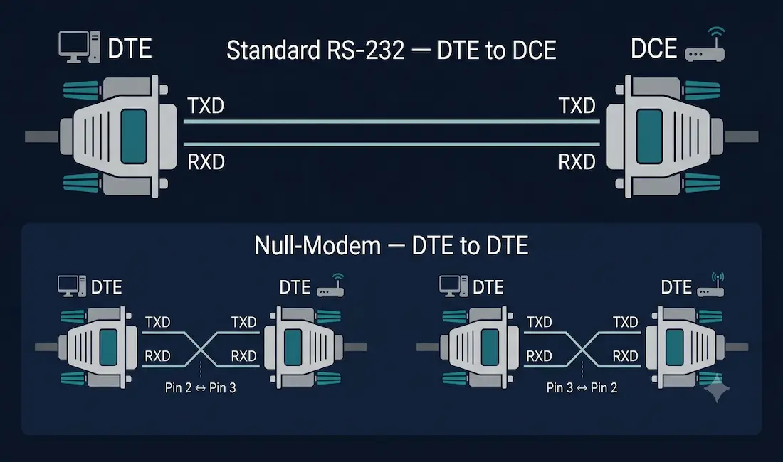 Serial Cable: Types, Pinouts, And Dte/Dce Connections 1 Comparison Diagram Showing A Standard Rs-232 Cable Connecting A Dte To A Dce With Straight Parallel Transmit And Receive Lines, Versus A Null-Modem Cable Connecting Two Dtes Directly With Crossed Transmit And Receive Lines