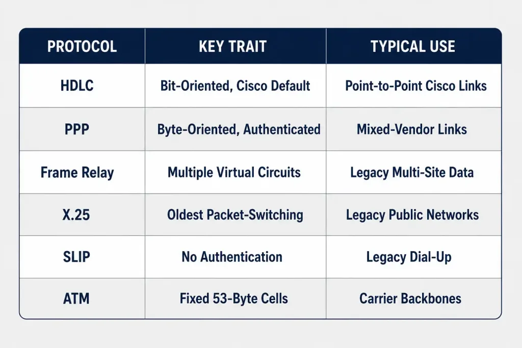 Wan Encapsulation Protocols: Hdlc, Ppp, Frame Relay, X.25, Slip, And Atm 6 Comparison Table Of Hdlc, Ppp, Frame Relay, X.25, Slip, And Atm