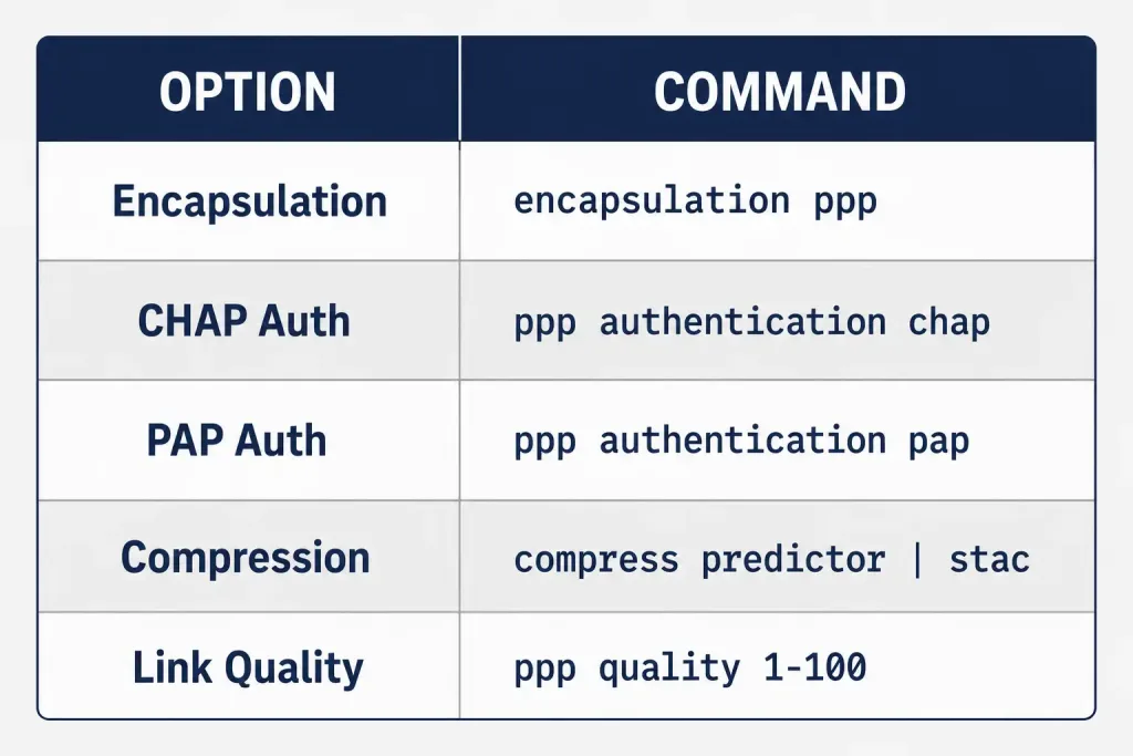 Ppp Configuration: A Complete Cisco Ios Guide 4 Summary Table Of Ppp Configuration Options And Their Commands