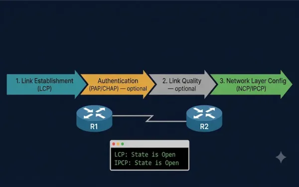 Two Routers Connected Via Serial Link With A Three-Stage Ppp Session Timeline Above Showing Link Establishment, Optional Authentication, Optional Link Quality, And Network Layer Configuration Phases, With Debug Output Showing Lcp And Ipcp State Is Open