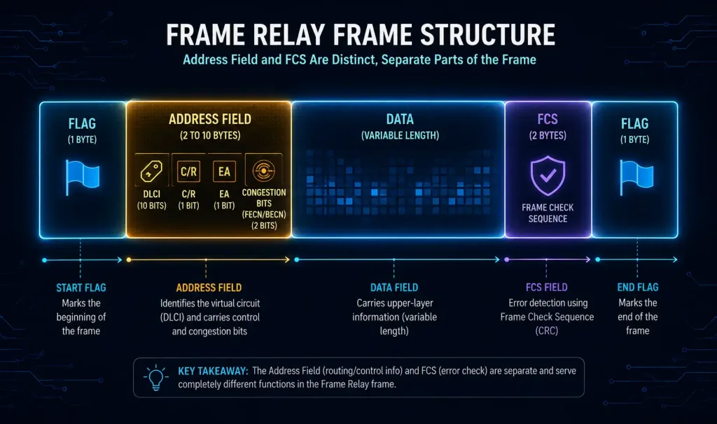 Frame Relay Encapsulation Explained 2 Segmented Diagram Showing The Five Parts Of A Frame Relay Frame — Flag, Address Field, Data, Fcs, And Closing Flag — With The Address Field And Fcs Visually Distinguished As Separate Sections