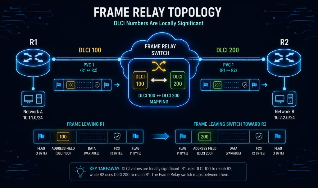 Frame Relay Encapsulation Explained 3 Topology Diagram Showing Router R1 Using Dlci 100 And Router R2 Using Dlci 200 For The Same Virtual Circuit, With The Frame Relay Switch Mapping Between Them Internally