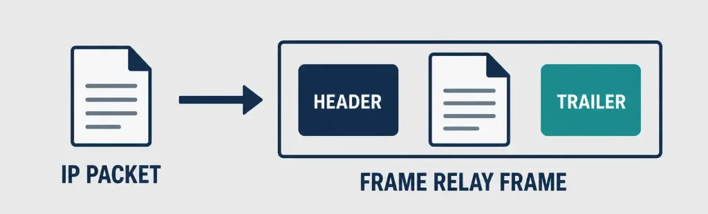Frame Relay Encapsulation Explained 2 Diagram Of A Packet Being Wrapped In A Frame Relay Header And Trailer