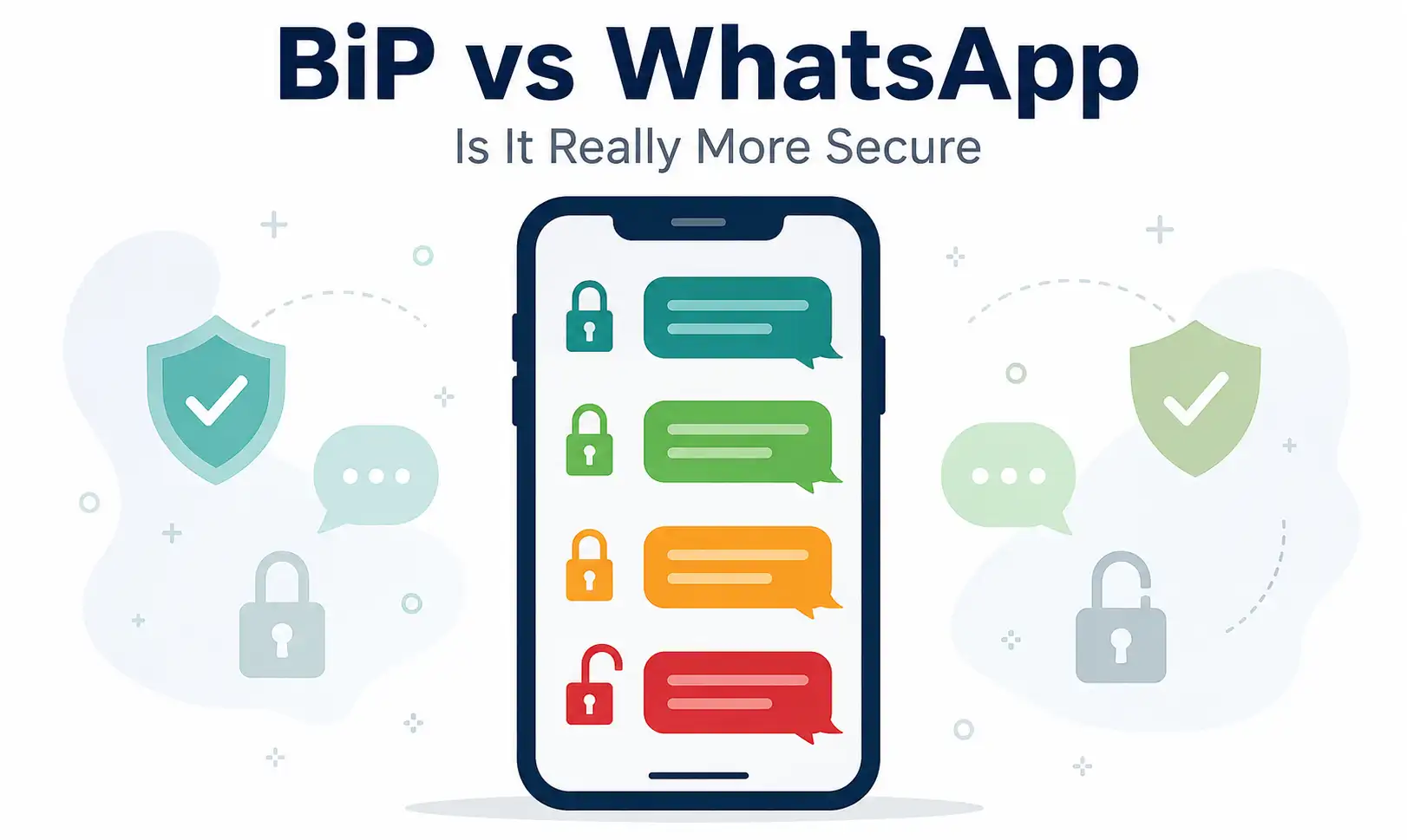 Illustration Of A Smartphone With Four Chat Bubbles And Padlock Icons, One Unlocked, Representing A Messaging App Security Comparison