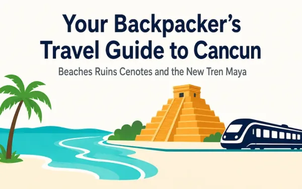 Illustration Of A Caribbean Beach, A Maya Pyramid, And A Train Route, Representing A Cancun Travel Guide Covering Beaches, Ruins, And The Tren Maya