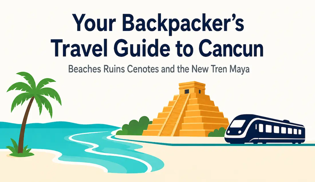 Your Backpackers Travel Guide To Cancun 1 Illustration Of A Caribbean Beach, A Maya Pyramid, And A Train Route, Representing A Cancun Travel Guide Covering Beaches, Ruins, And The Tren Maya