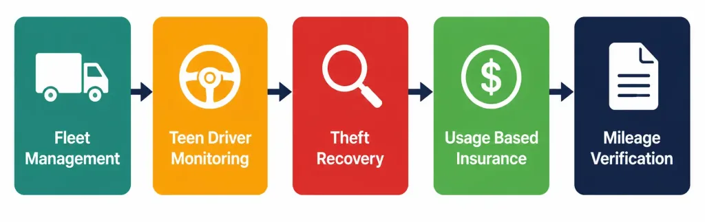 Gps Trackers For Cars: A Complete Guide To How They Work, What To Buy, And What'S Legal 3 Five-Icon Row Showing Common Use Cases For Car Gps Trackers Including Fleet Management And Theft Recovery