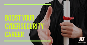 A computer screen displaying a complex network diagram, with a person studying cyber security courses online.