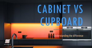 Modern kitchen highlighting differences between cabinets and cupboards with illuminated text “Cabinet vs Cupboard - Understanding the difference.