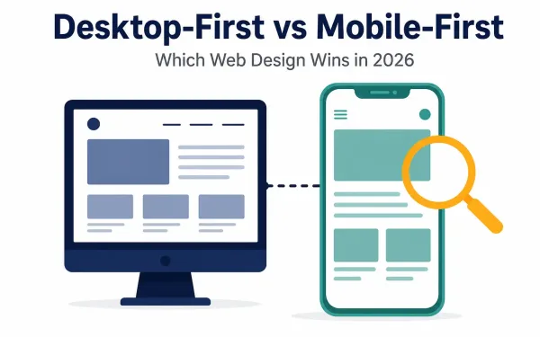 Illustration Of A Smartphone Positioned In Front Of A Desktop Monitor With A Magnifying Glass, Representing The Desktop-First Vs Mo