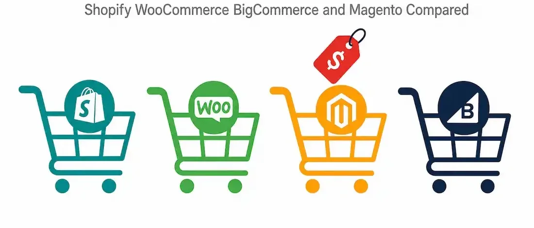 Choosing The Right Ecommerce Platform For Your Startup: Shopify, Woocommerce, Bigcommerce, And Magento Compared 1 Illustration Of Four Colored Shopping Cart Icons Representing Different Ecommerce Platforms, With A Price Tag Highlighting Cost Differences