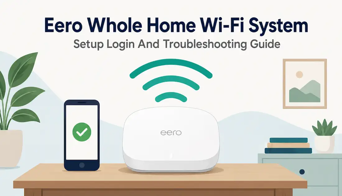 Eero Whole-Home Wi-Fi System: Setup, Login, And Troubleshooting Guide 1 Illustration Of A Mesh Wi-Fi Router With Signal Waves And A Smartphone, Representing The Eero Whole-Home Wi-Fi System