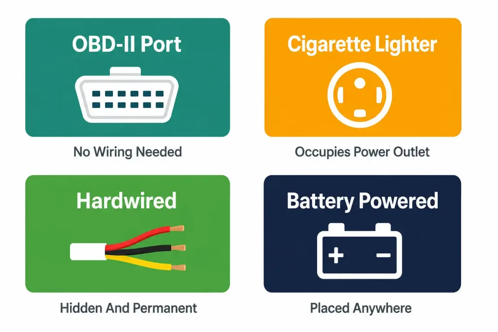 Gps Trackers For Cars: A Complete Guide To How They Work, What To Buy, And What'S Legal 2 Four-Quadrant Diagram Showing The Four Types Of Car Gps Trackers: Obd-Ii, Cigarette Lighter, Hardwired, And Battery Powered