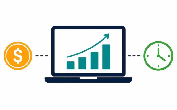 Illustration Of A Laptop With A Growth Chart, A Dollar Coin, And A Clock, Representing Realistic Online Income Methods And Time Investment