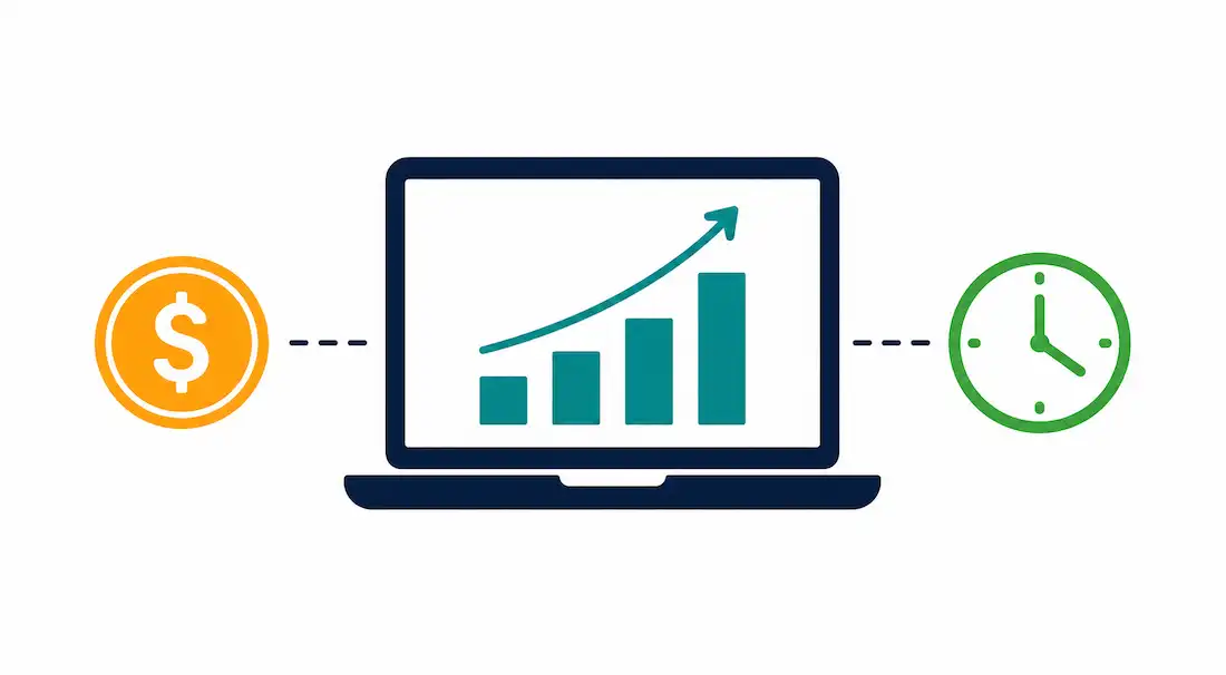 Legitimate Ways To Earn Money Online: What Actually Works And What To Expect 1 Illustration Of A Laptop With A Growth Chart, A Dollar Coin, And A Clock, Representing Realistic Online Income Methods And Time Investment