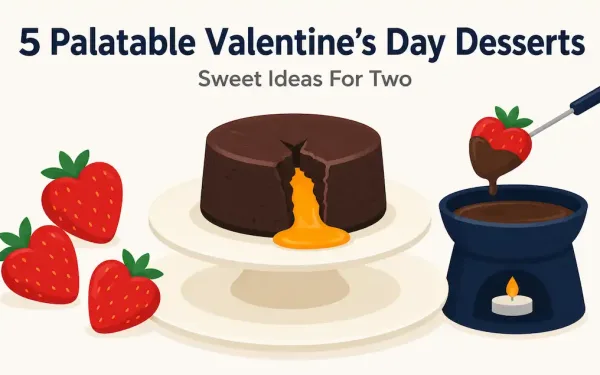 Illustration Of A Chocolate Lava Cake, Chocolate-Dipped Strawberries, And A Fondue Pot, Representing Valentine'S Day Dessert Ideas