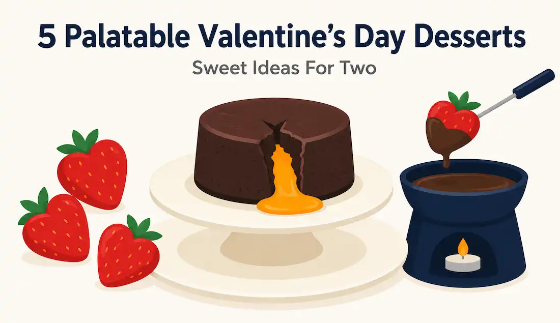 5 Palatable Valentine'S Day Desserts 1 Illustration Of A Chocolate Lava Cake, Chocolate-Dipped Strawberries, And A Fondue Pot, Representing Valentine'S Day Dessert Ideas