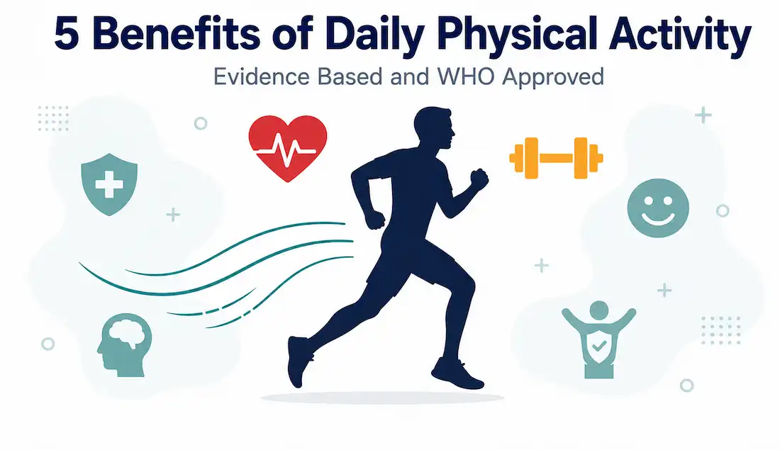 5 Evidence-Based Benefits Of Daily Physical Activity 1 Illustration Of A Jogging Figure With A Heart Pulse Icon And A Dumbbell, Representing The Health Benefits Of Physical Activity
