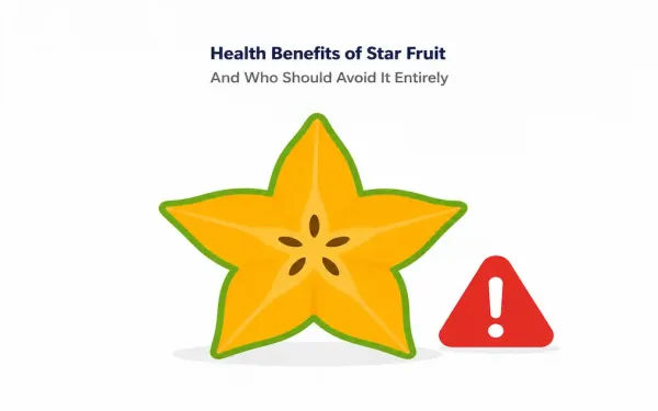 Llustration Of A Star-Shaped Fruit Slice Next To A Warning Icon, Representing Star Fruit Health Benefits And Kidney Disease Risk