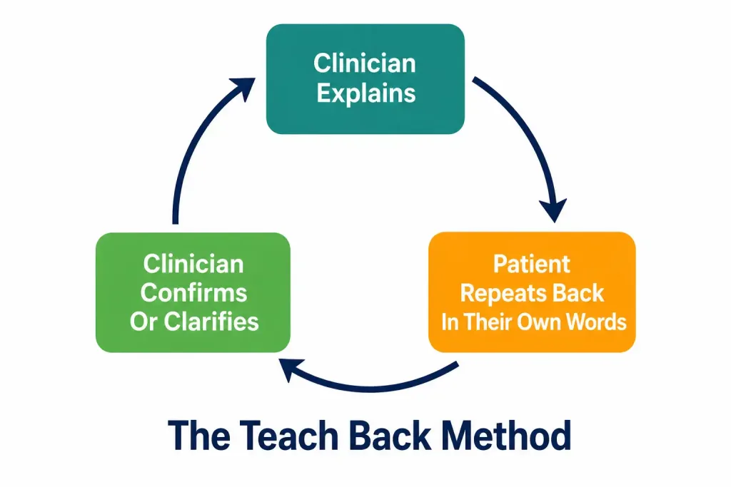 Can Clinician-Patient Communication Really Lead To Faster Recovery? 2 Three-Step Circular Diagram Illustrating The Teach-Back Method In Clinical Communication