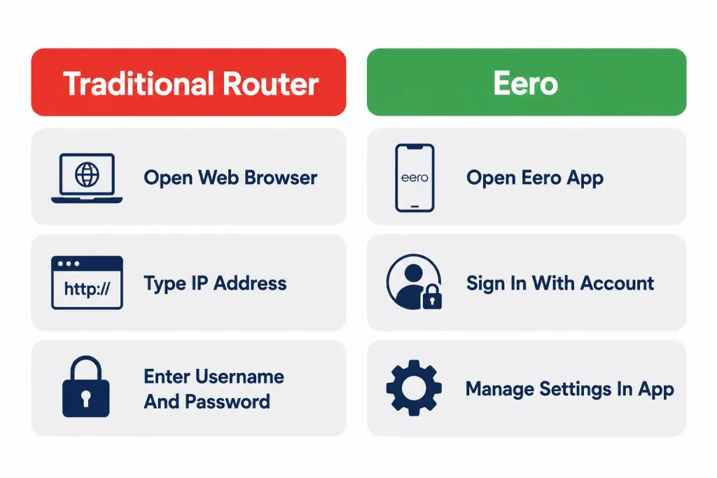 Eero Whole-Home Wi-Fi System: Setup, Login, And Troubleshooting Guide 2 Comparison Of Logging Into A Traditional Router Through A Browser Versus Managing Eero Through Its Mobile App