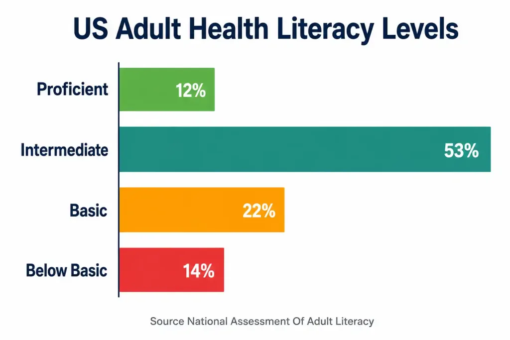 Can Clinician-Patient Communication Really Lead To Faster Recovery? 3 Bar Chart Showing The Distribution Of Health Literacy Levels Among Us Adults