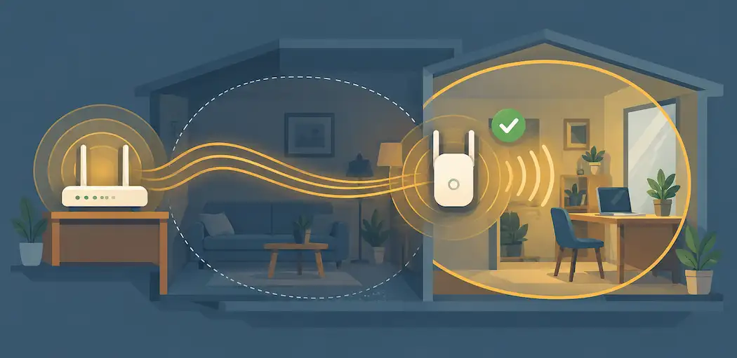 Illustration Of A Router Signal Passing Through A Wifi Extender, Transforming A Weak Signal Zone Into A Strong One