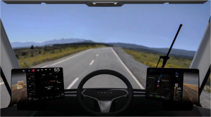 Autonomous truck on a highway, showcasing the future of logistics with self-driving technology.