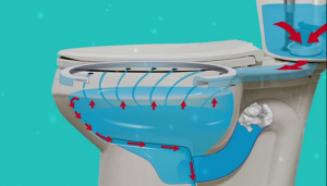 Illustration of an overflowing toilet with red arrows showing water flow direction and potential blockage. #WC overflowing