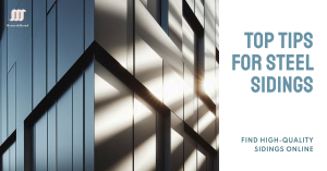 A close-up view of modern steel sidings with contrasting light and shadows, accompanied by tips on finding quality materials online.