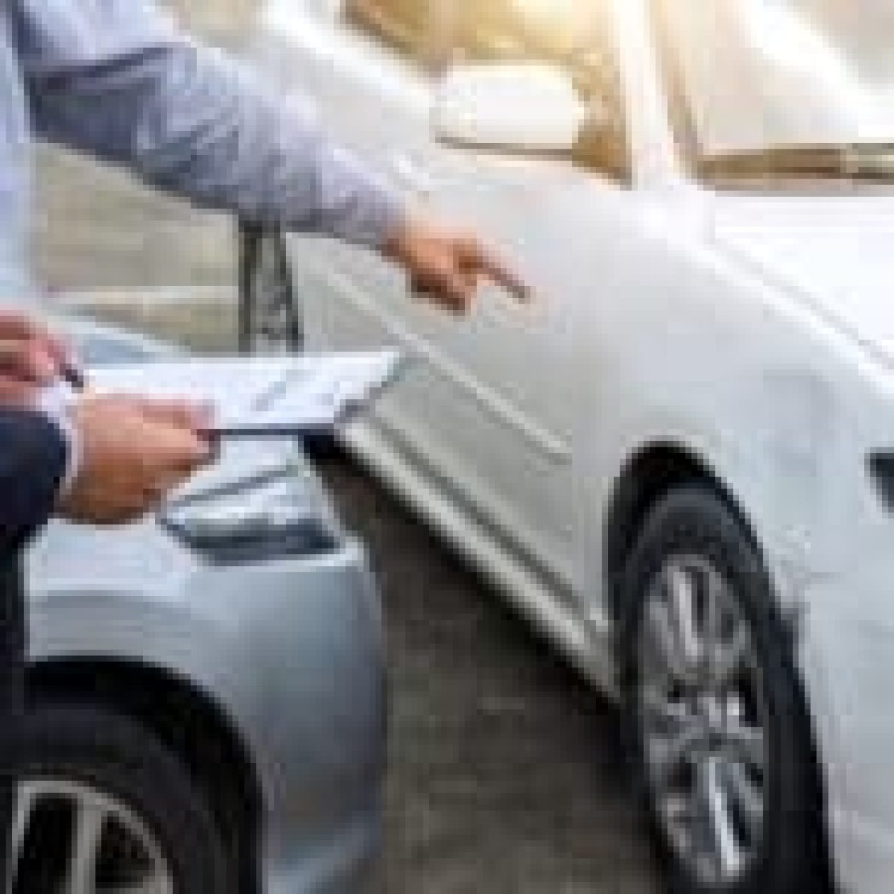 Person filing a car accident claim by pointing at vehicle damage while holding paperwork.