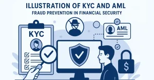 Illustration of KYC and AML fraud prevention in financial security, showing clipboard with KYC check, masked fraudster, computer shield, ID card, and secure money lock