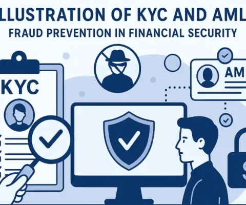 Illustration Of Kyc And Aml Fraud Prevention In Financial Security, Showing Clipboard With Kyc Check, Masked Fraudster, Computer Shield, Id Card, And Secure Money Lock
