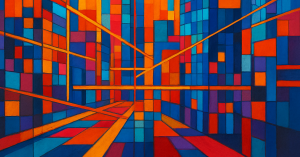 Vibrant abstract geometric painting with colorful squares, rectangles, and lines representing urban energy