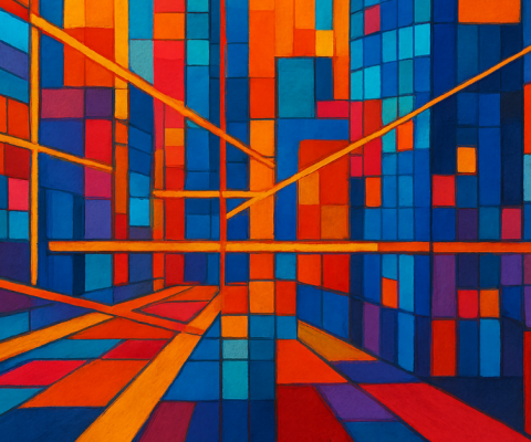 Vibrant Abstract Geometric Painting With Colorful Squares, Rectangles, And Lines Representing Urban Energy