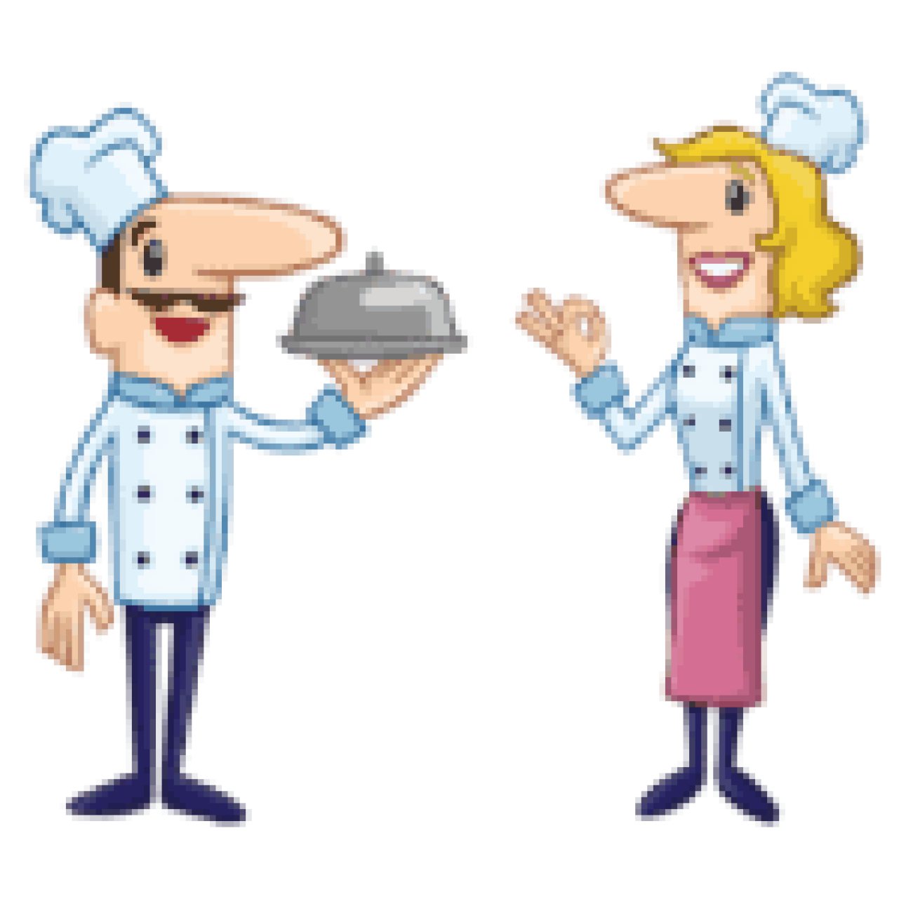 Cartoon illustration of cheerful restaurant staff in branded uniforms including male chefs and female servers.