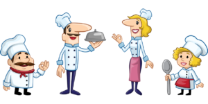 Cartoon illustration of cheerful restaurant staff in branded uniforms including male chefs and female servers.