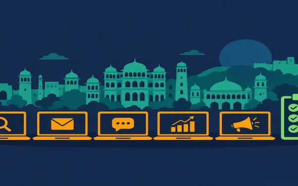 Flat Illustration Of A City Skyline With Icons For Seo, Email, Social Media, Analytics And Ads, Representing Digital Marketing Training Options