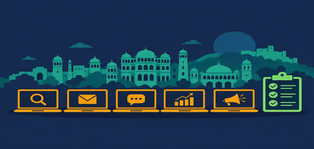 Best Digital Marketing Institutes In Jaipur: A Practical Comparison (2026) 1 Flat Illustration Of A City Skyline With Icons For Seo, Email, Social Media, Analytics And Ads, Representing Digital Marketing Training Options