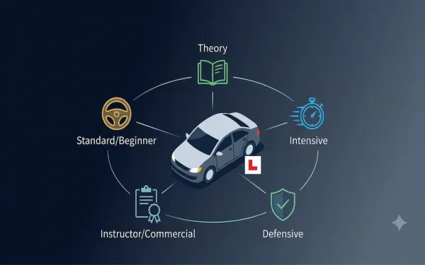 Car Icon With A Learner Plate Surrounded By Five Category Icons Representing Standard Beginner Lessons, Theory Test Preparation, Intensive Courses, Defensive Driving, And Instructor Or Commercial Certification