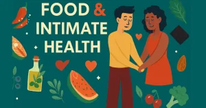 Illustrated couple holding hands surrounded by libido-boosting foods: salmon, chili pepper, dark chocolate, watermelon, olive oil, almonds, cherries, broccoli, and greens on a teal background with hearts – perfect for articles on foods for happy intimate life and sexual health in 2025.